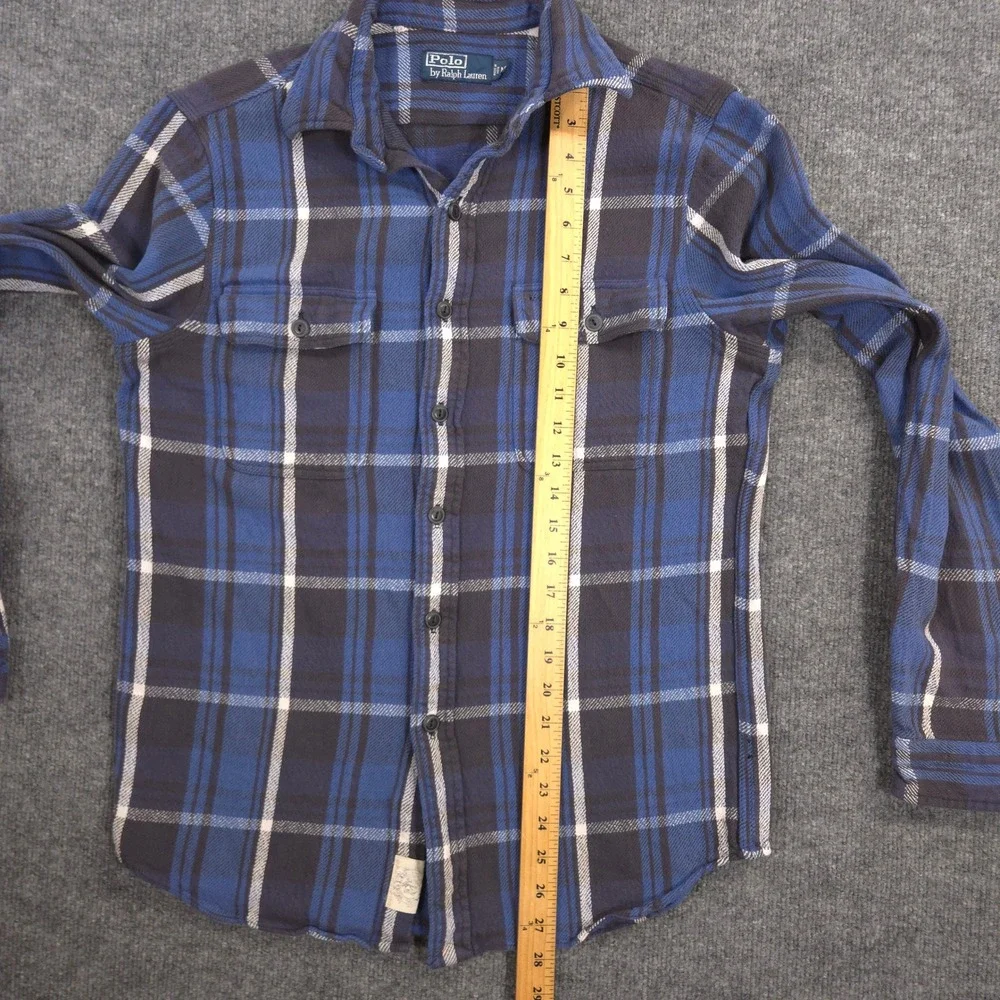 Vintage Polo Ralph Lauren Flannel Work Shirt Mens M Blue Plaid Pencil Pocket 90s